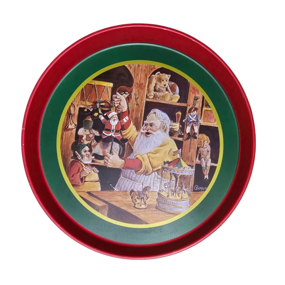 Vintage Willitts Christmas Serving Tray Metal Round Cookie Decoration Santa Nice